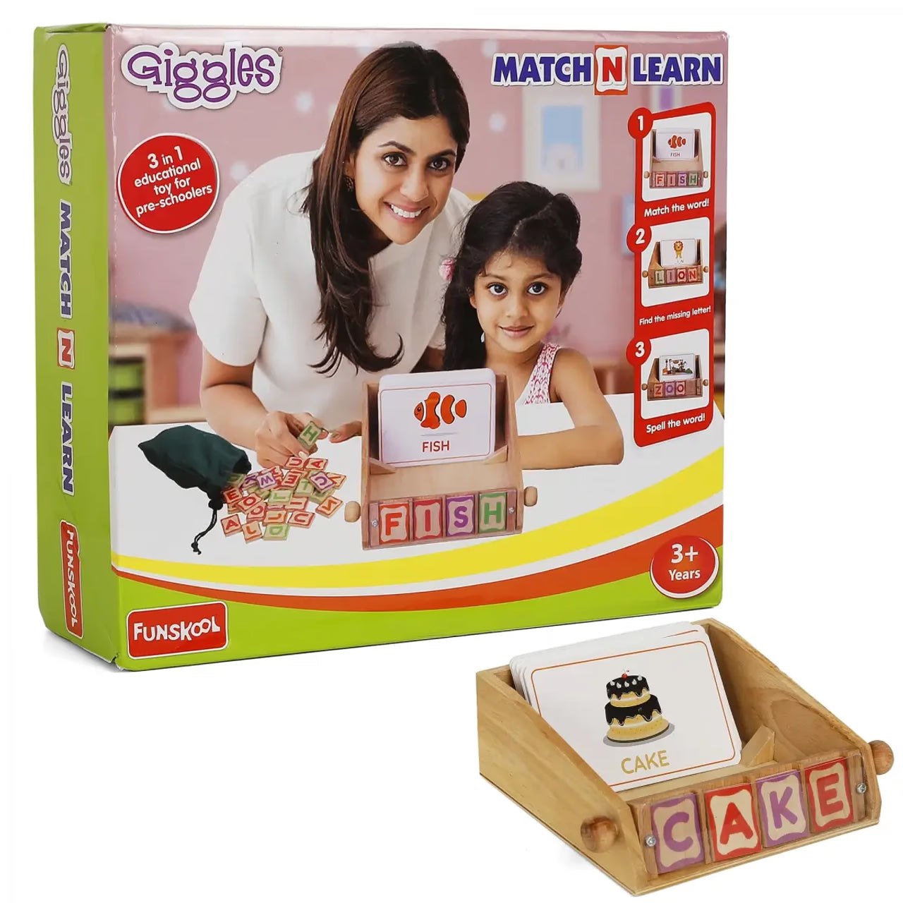 Giggles Match n Learn, Wooden Educational Toy, Learn to Read, Spell and Identify Pictures, Preschool Toy, 3 Yrs+