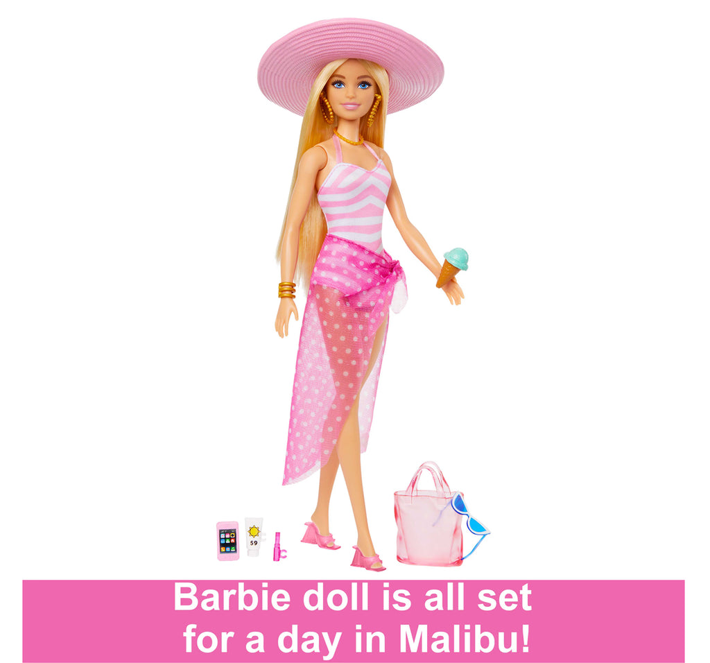 Barbie Blonde Doll in Pink and White Swimsuit with Sun Hat, Tote Bag and Beach-Themed Accessories, 3Y+, Multicolour - Barbie