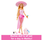 Barbie Blonde Doll in Pink and White Swimsuit with Sun Hat, Tote Bag and Beach-Themed Accessories, 3Y+, Multicolour - Barbie