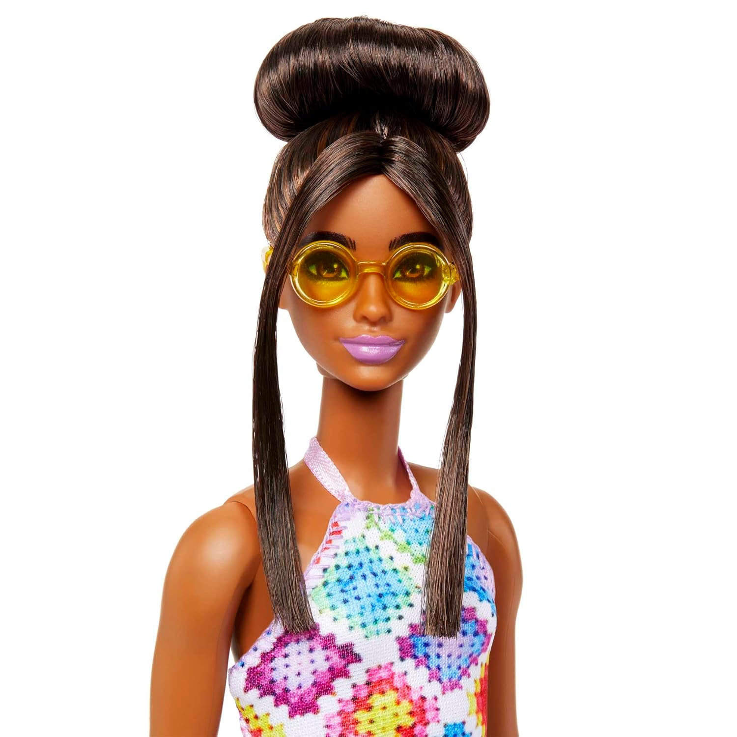 Barbie Fashionistas Doll with Brown Hair in Bun Wearing Colorful Croch