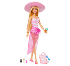 Barbie Blonde Doll in Pink and White Swimsuit with Sun Hat, Tote Bag and Beach-Themed Accessories, 3Y+, Multicolour - Barbie