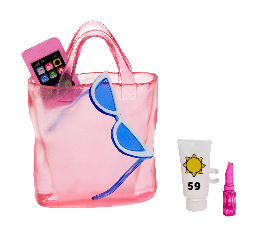 Barbie Blonde Doll in Pink and White Swimsuit with Sun Hat, Tote Bag and Beach-Themed Accessories, 3Y+, Multicolour - Barbie