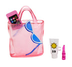 Barbie Blonde Doll in Pink and White Swimsuit with Sun Hat, Tote Bag and Beach-Themed Accessories, 3Y+, Multicolour - Barbie